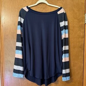 SHEIN Navy Top with Multicolor Striped Sleeves